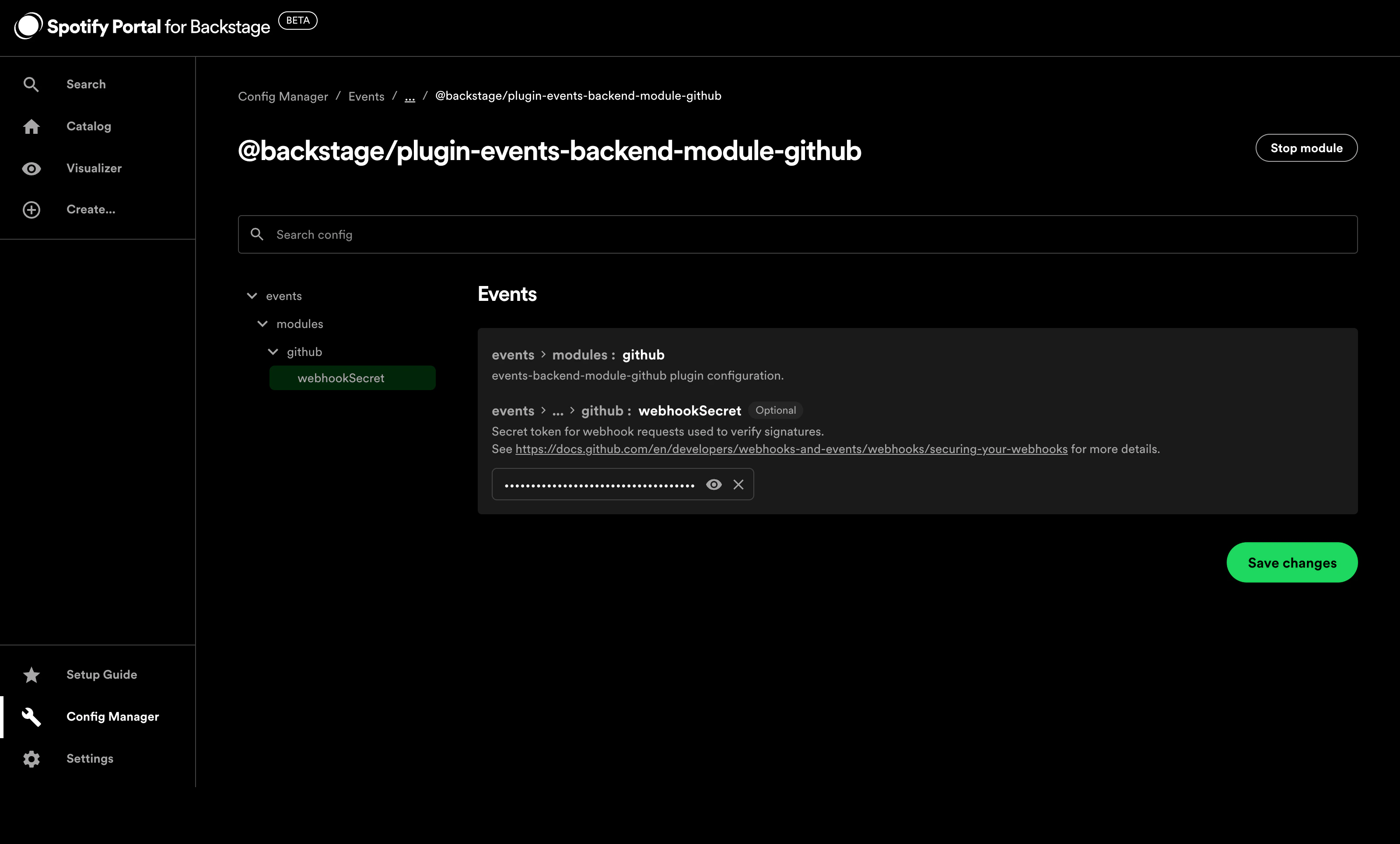 Config Manager showing @backstage/plugin-events-backend-module-github with
webhookSecret field