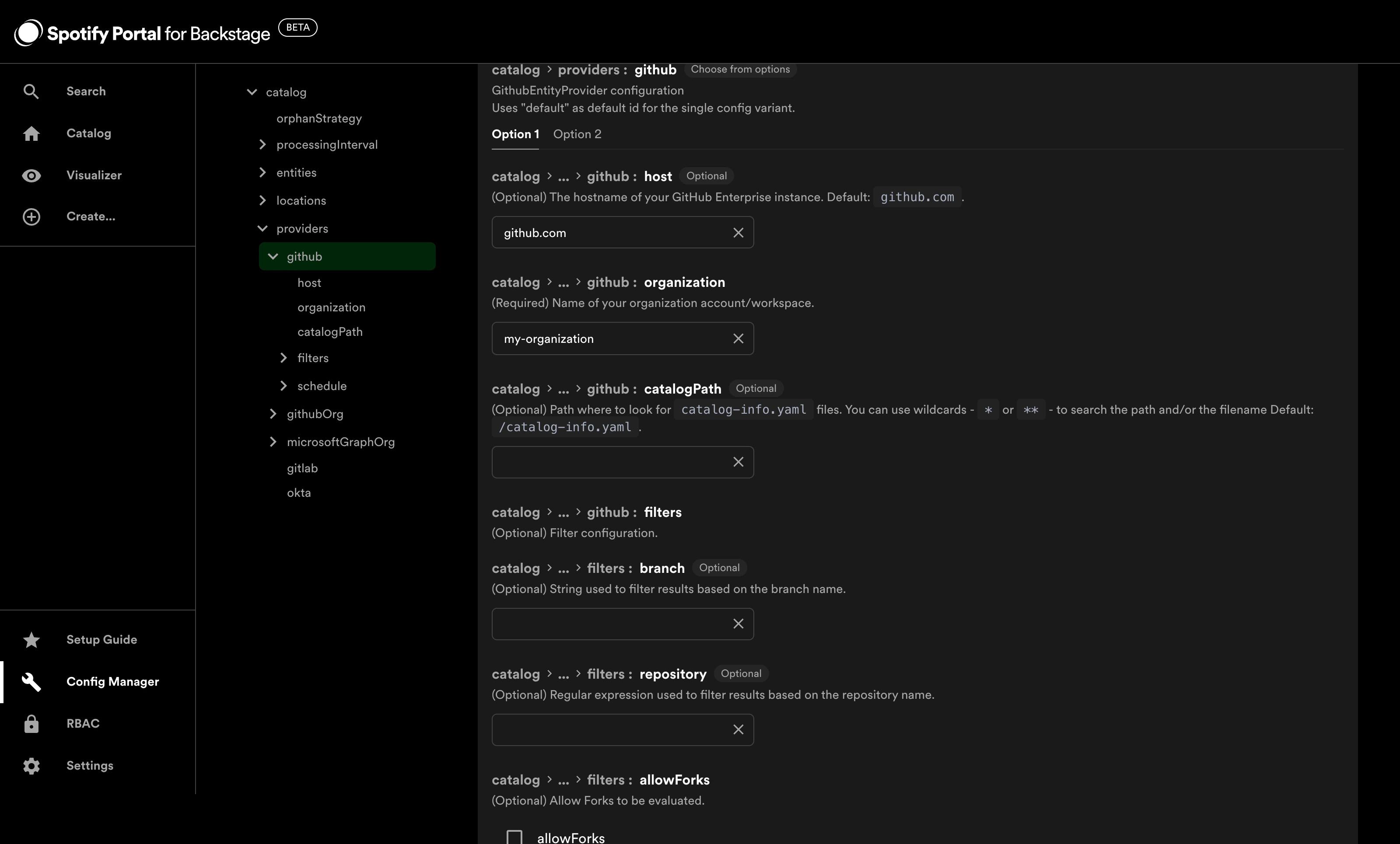 Config Manager Catalog plugin page showing host and organization
fields