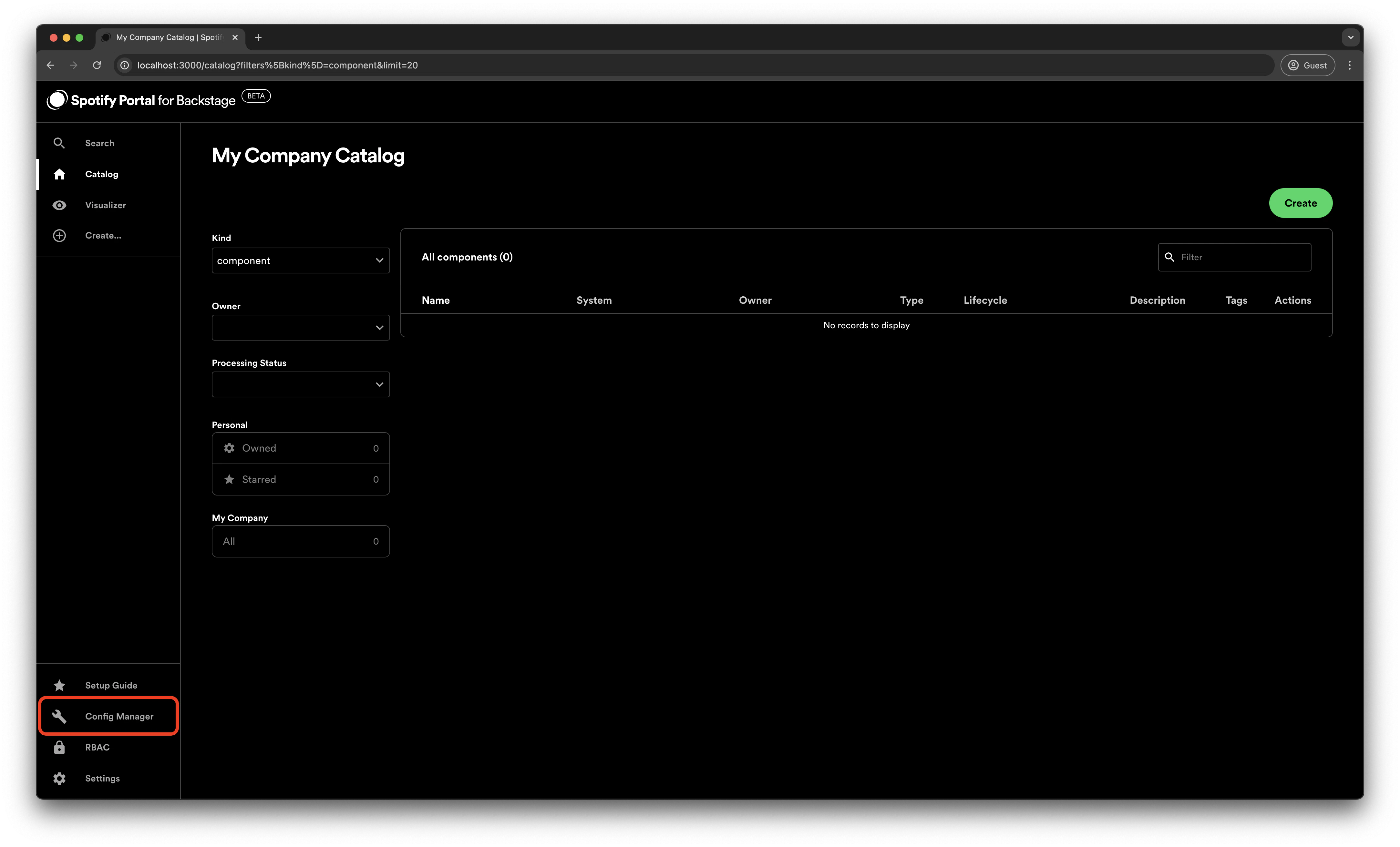 The Catalog page with the Config Manager menu item at the bottom of the
sidebar highlighted
