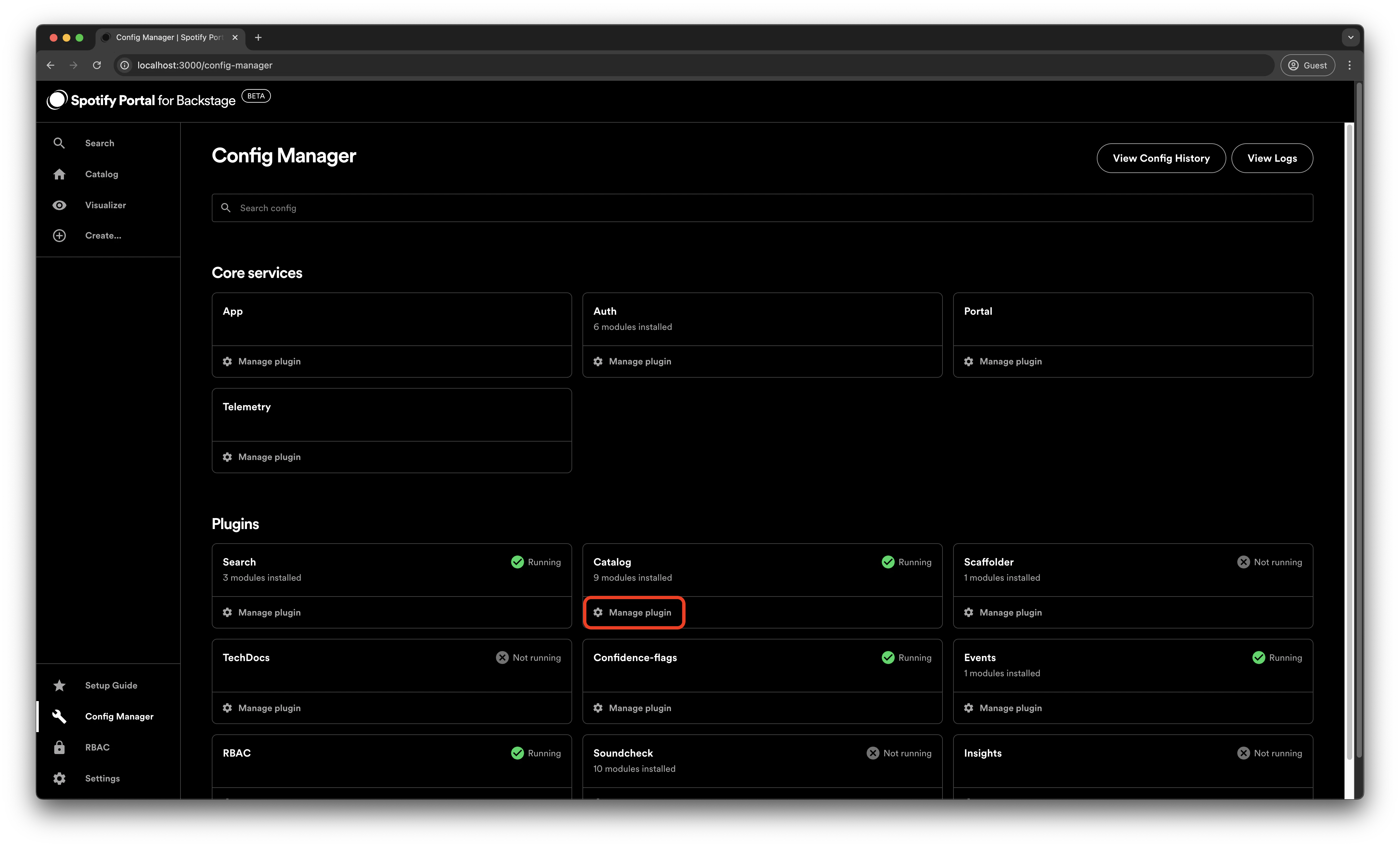 The Config Manager page with the Manage plugin option highlighted for the
Catalog plugin