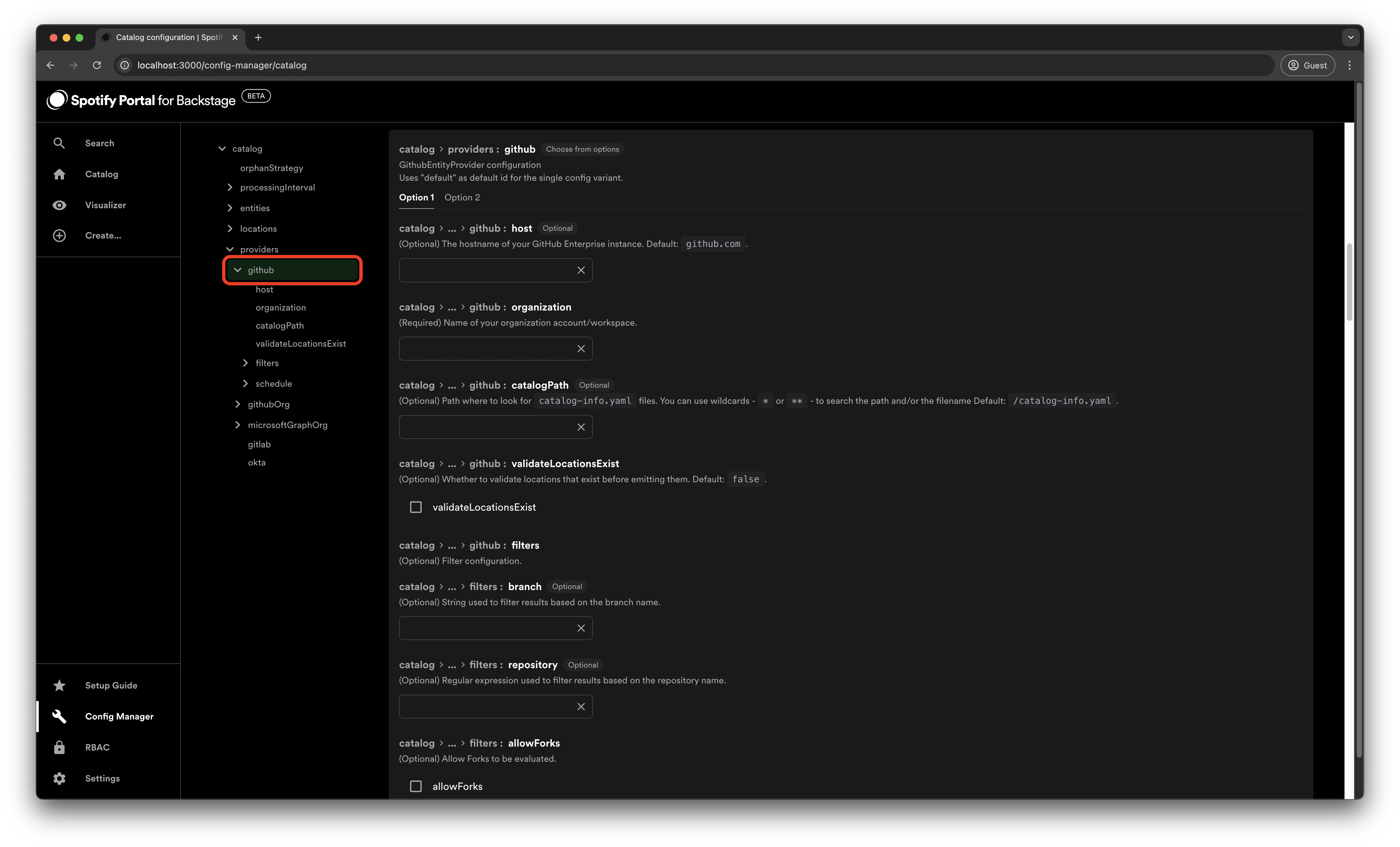 The Config Manager page showing all of the available options for the
Catalog plugin, with the github section
highlighted