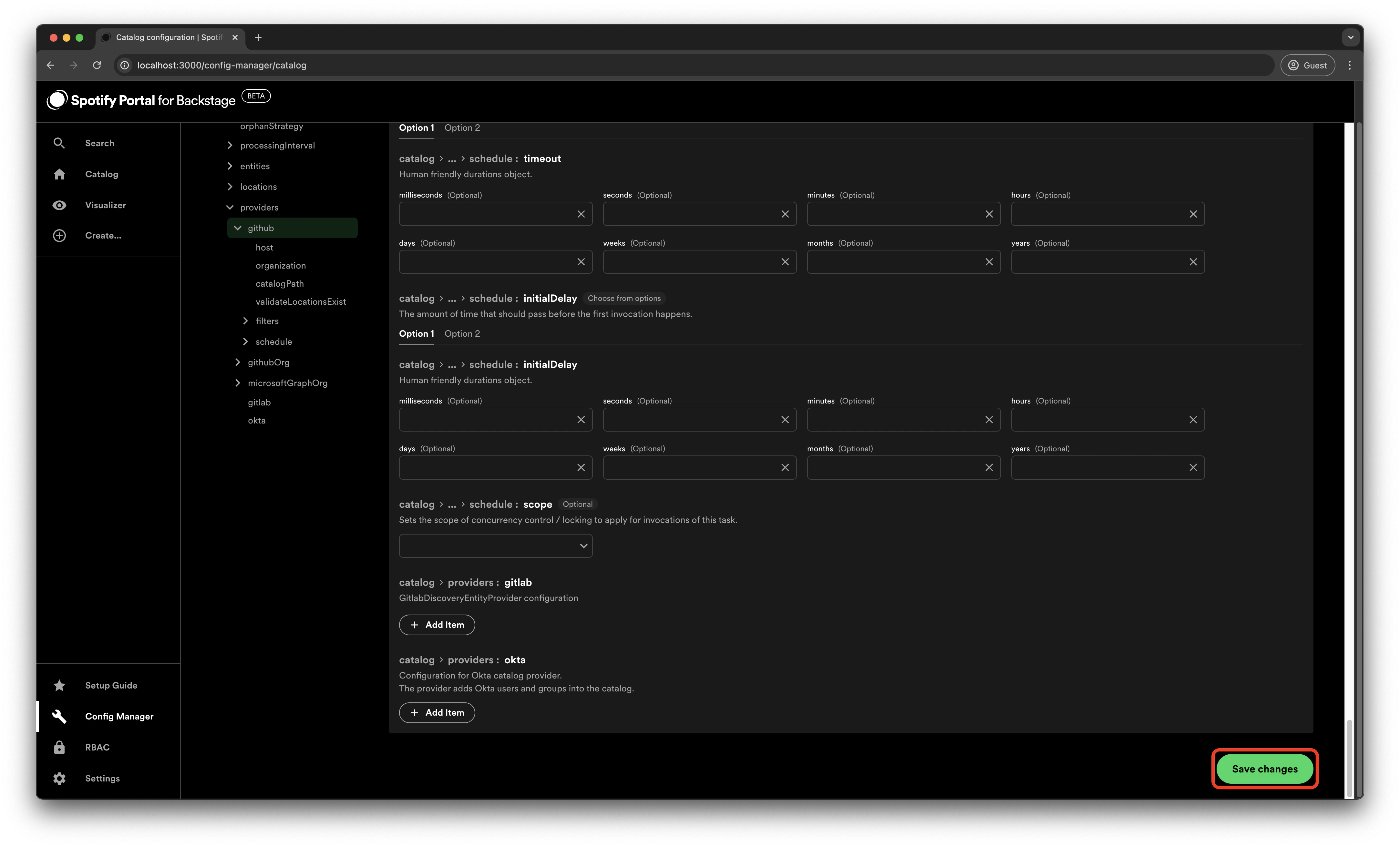 The bottom of the Config Manager page with the Save changes button
highlighted