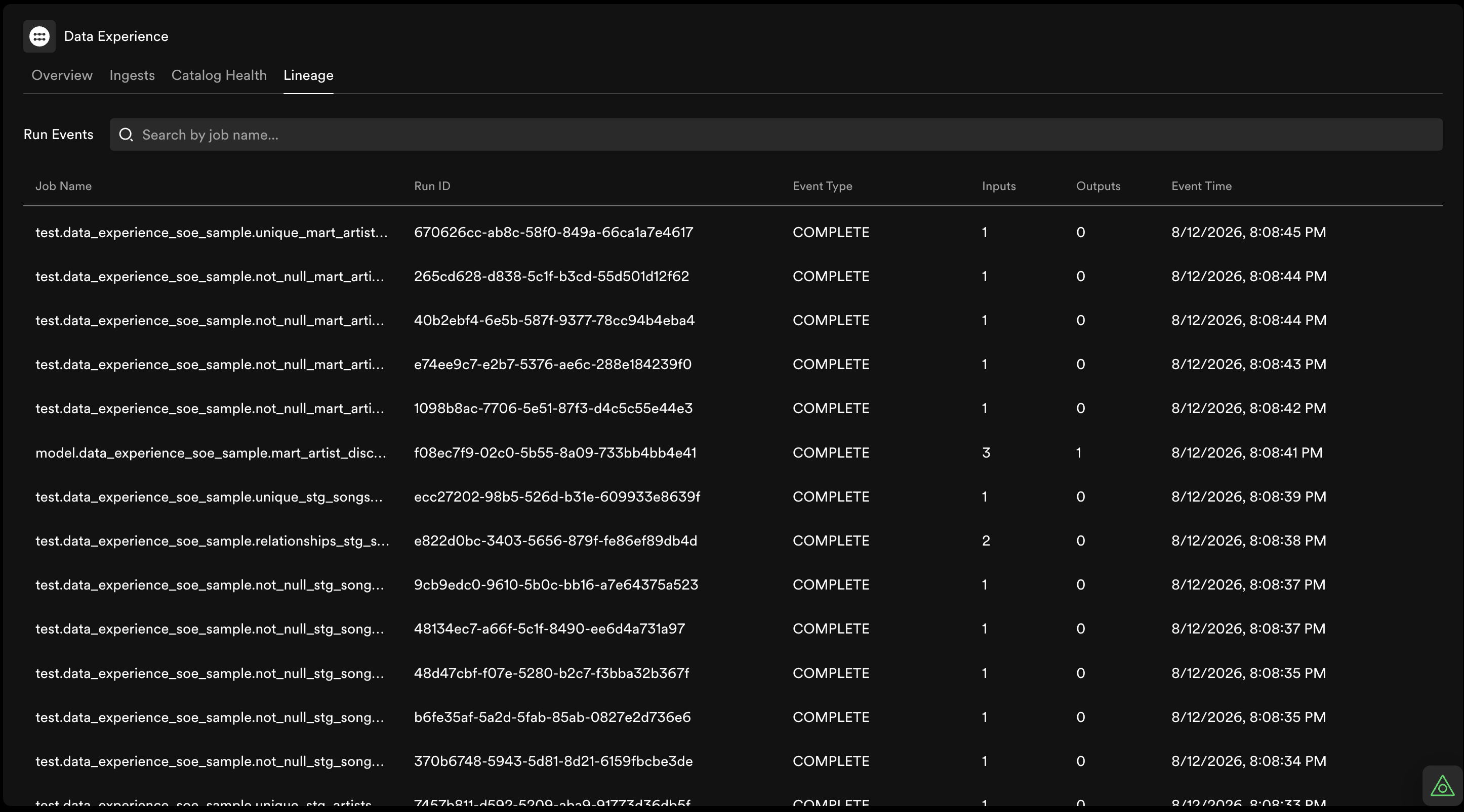 Lineage run event history table on Data Experience
page