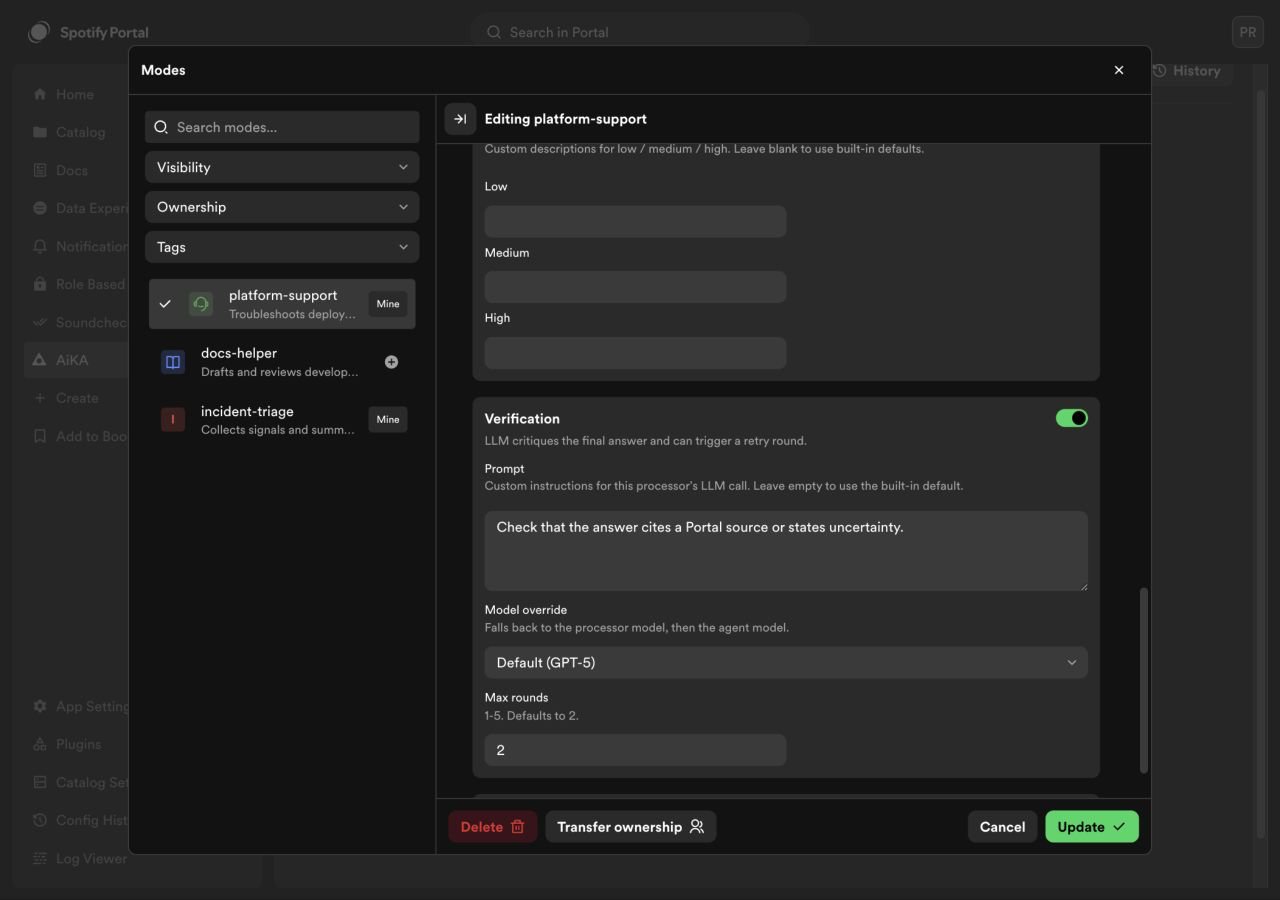 Configuring verification and confidence processors for an AiKA
mode