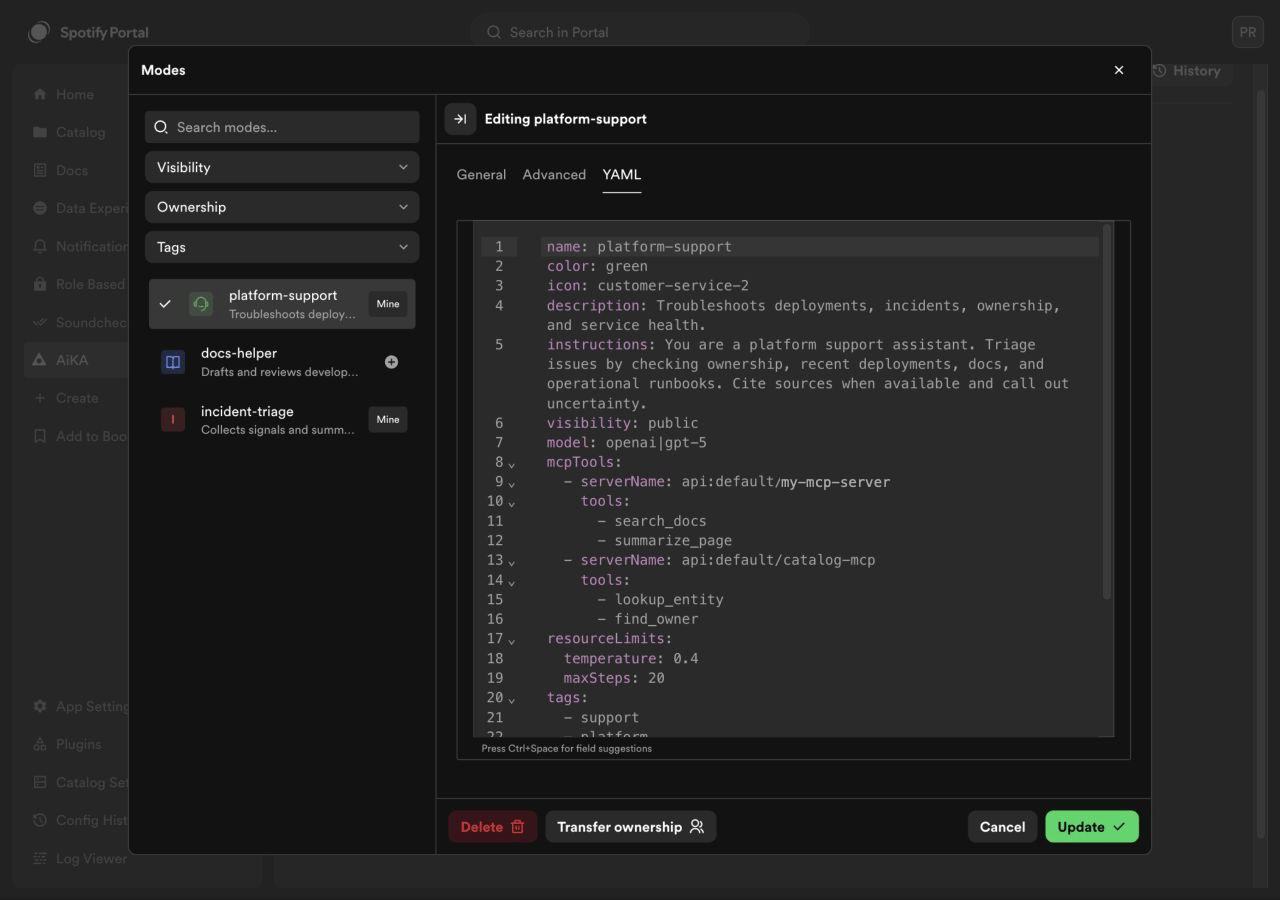 Configuring MCP tools for an AiKA mode in
YAML