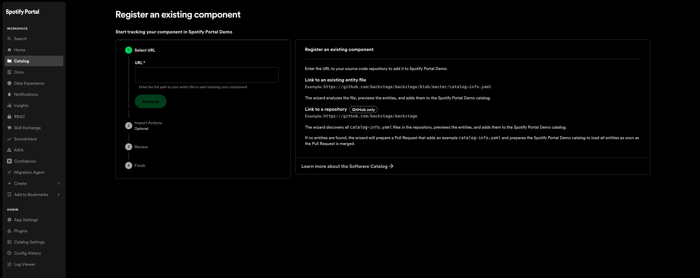 screenshot of the Register an existing component
page