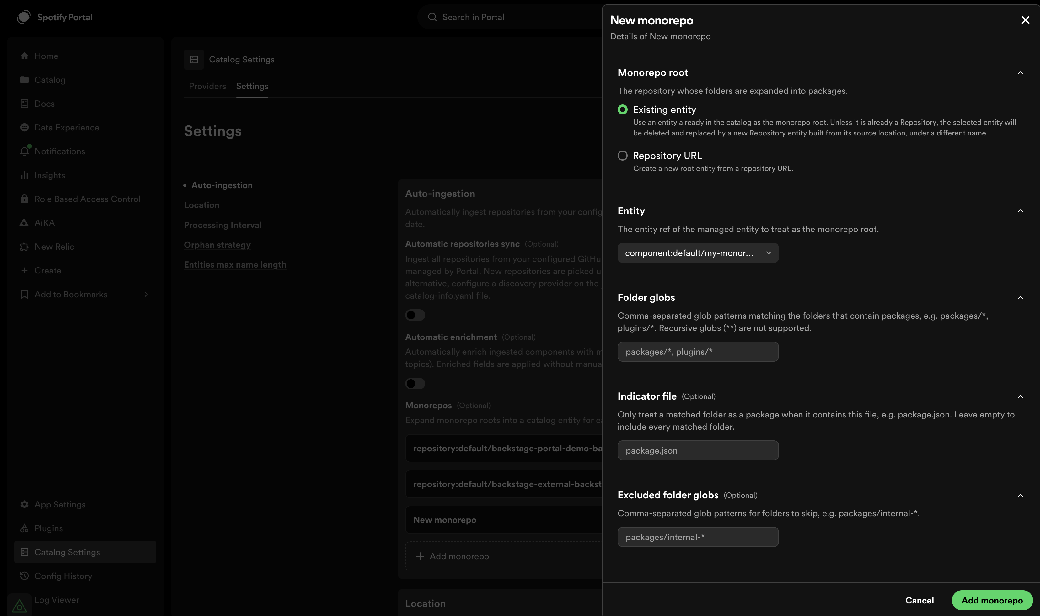 Monorepo configuration form in Catalog
Settings
