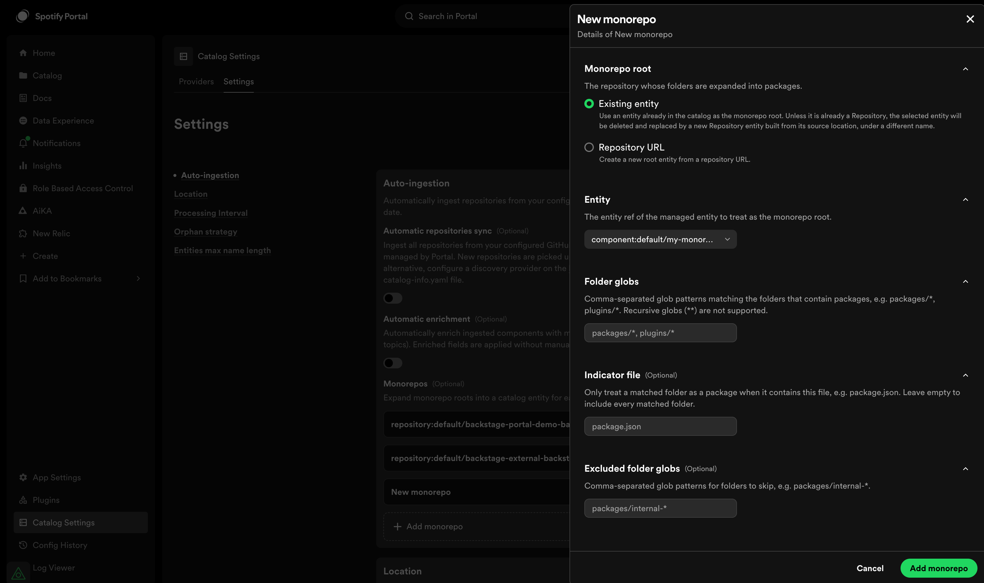 Monorepo configuration form in Catalog
Settings