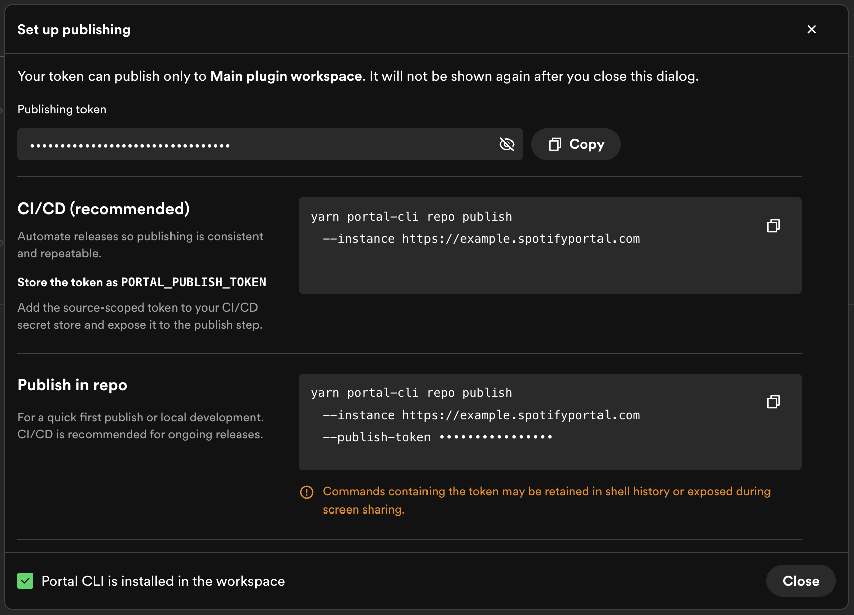 The publishing setup dialog showing the one-time token and commands for
CI/CD and local
publishing
