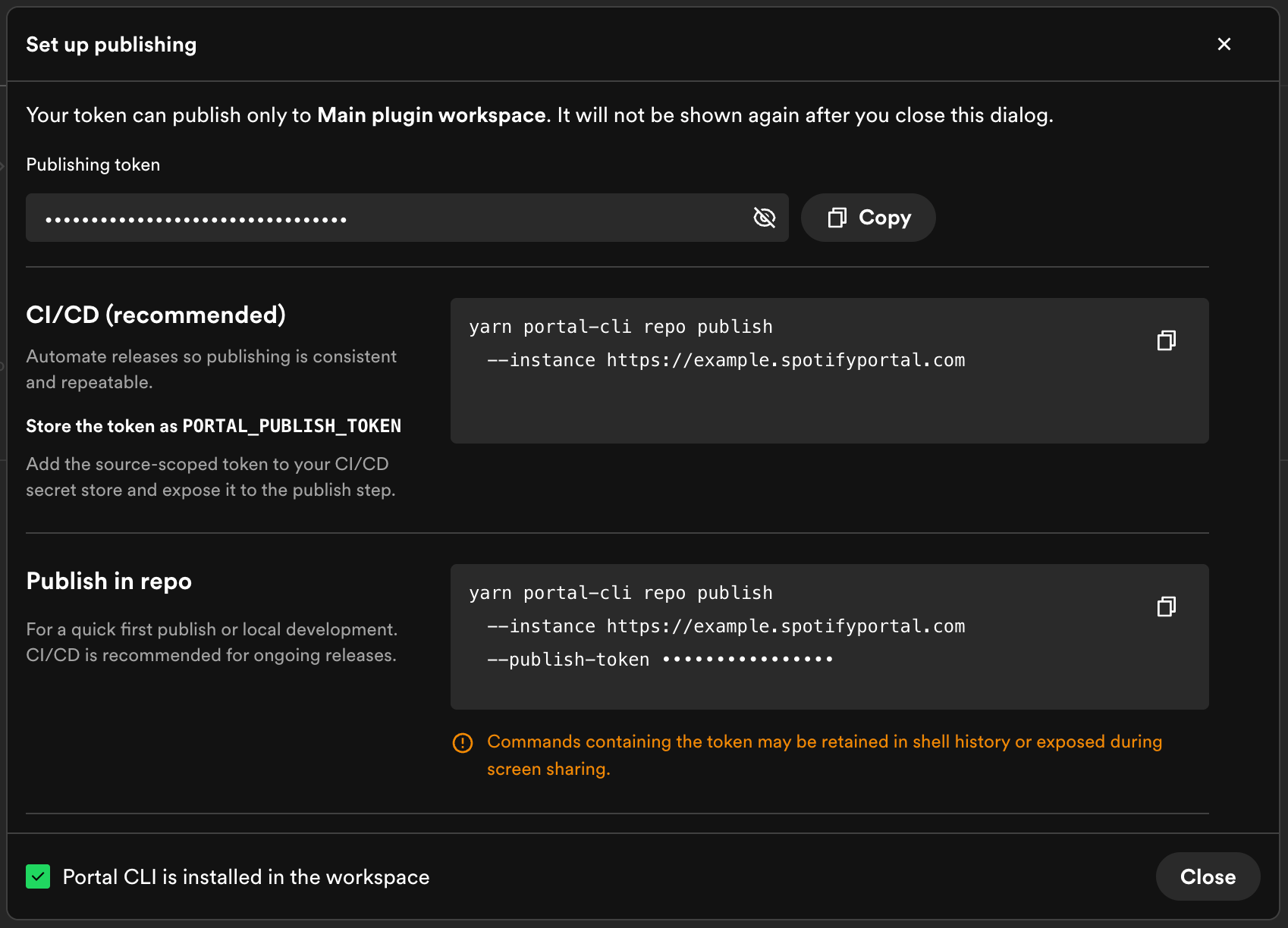 The publishing setup dialog showing the one-time token and commands for
CI/CD and local
publishing