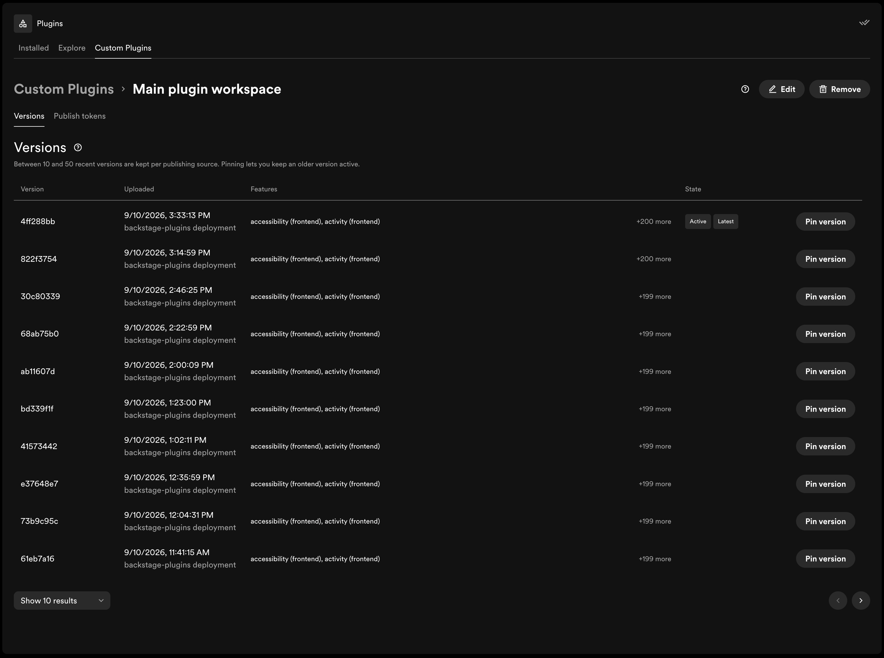 The publishing source's Versions tab showing uploaded releases, the active
and latest version, and Pin version
controls