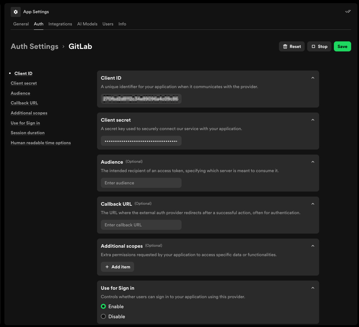 GitLab authentication provider settings in App
Settings