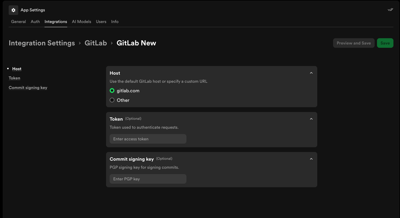 GitLab integration settings in App Settings
Integrations