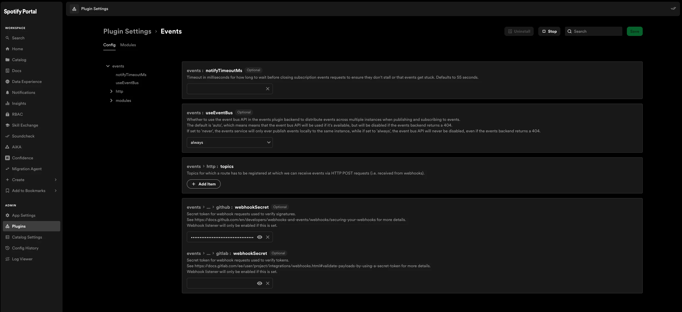 Plugin Settings Events page with Start Plugin button
highlighted