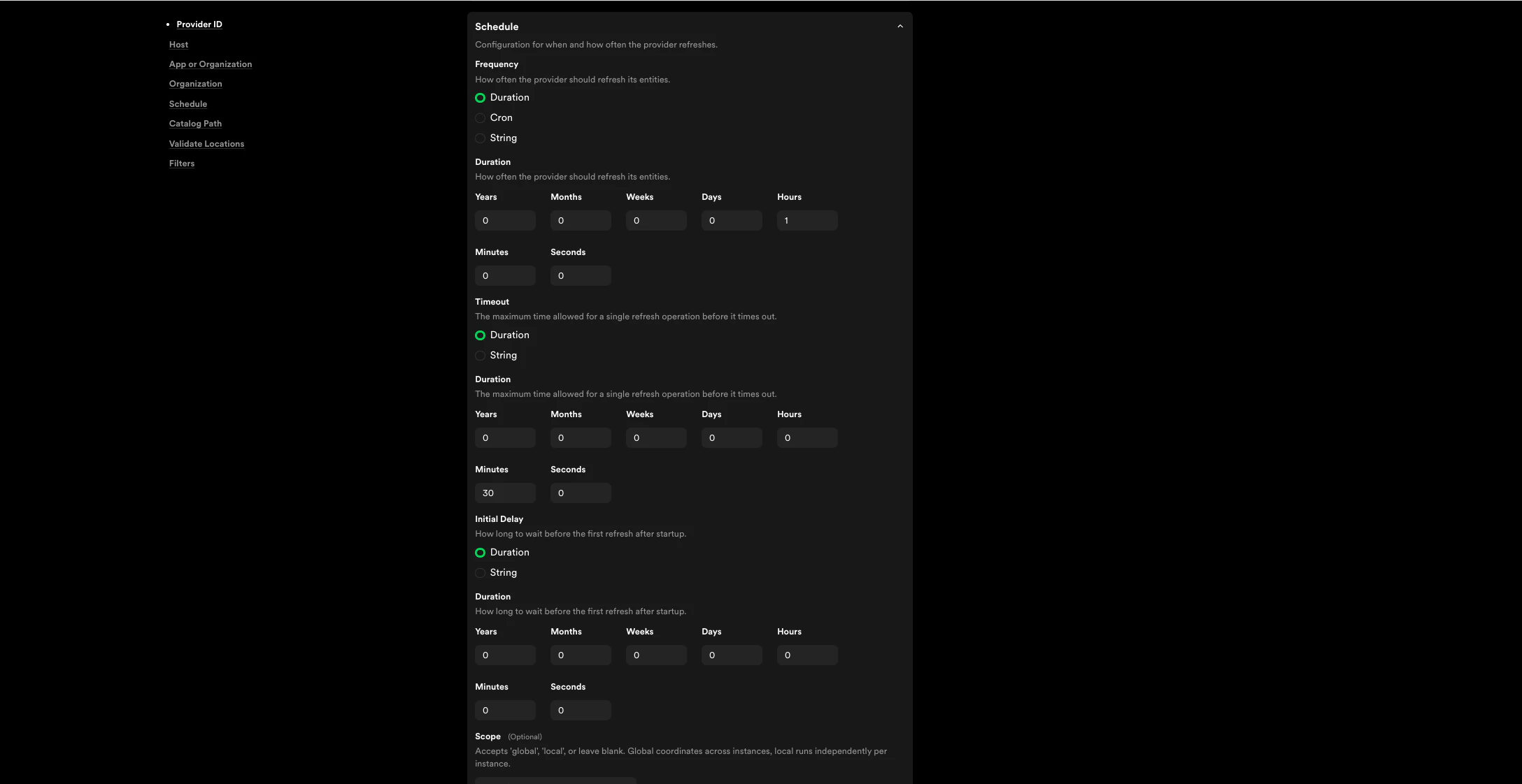Plugin Settings Catalog page showing schedule.frequency and schedule.timeout
fields