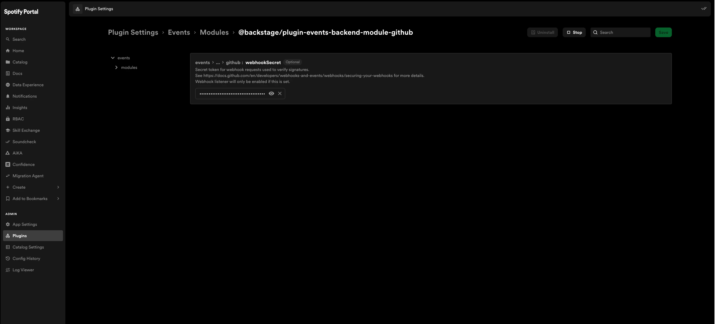 Plugins showing @backstage/plugin-events-backend-module-github with
webhookSecret field