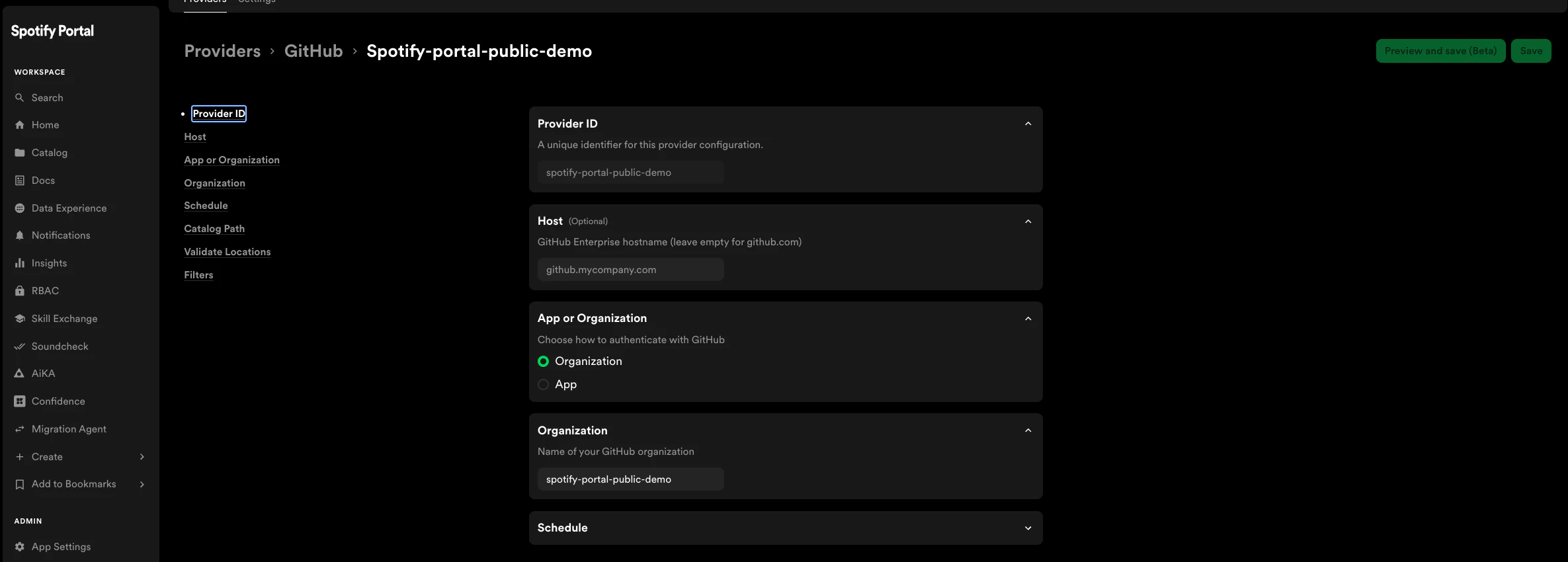 Plugin Settings Catalog page showing host and organization
fields