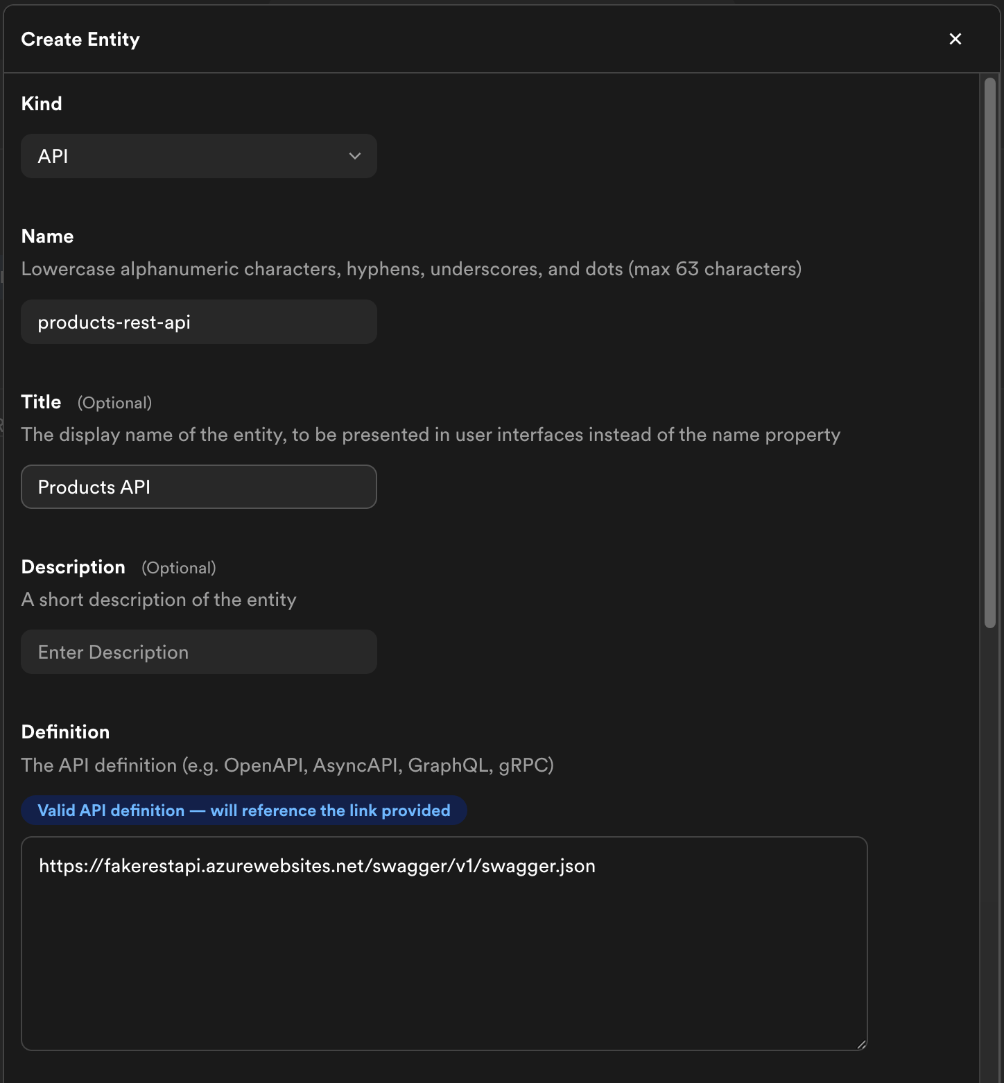 API definition field with a URL value