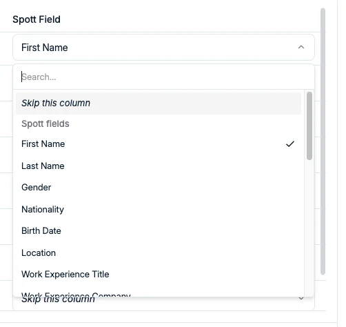 The Spott Field dropdown with the list of available fields