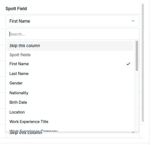 The Spott Field dropdown with the list of available fields