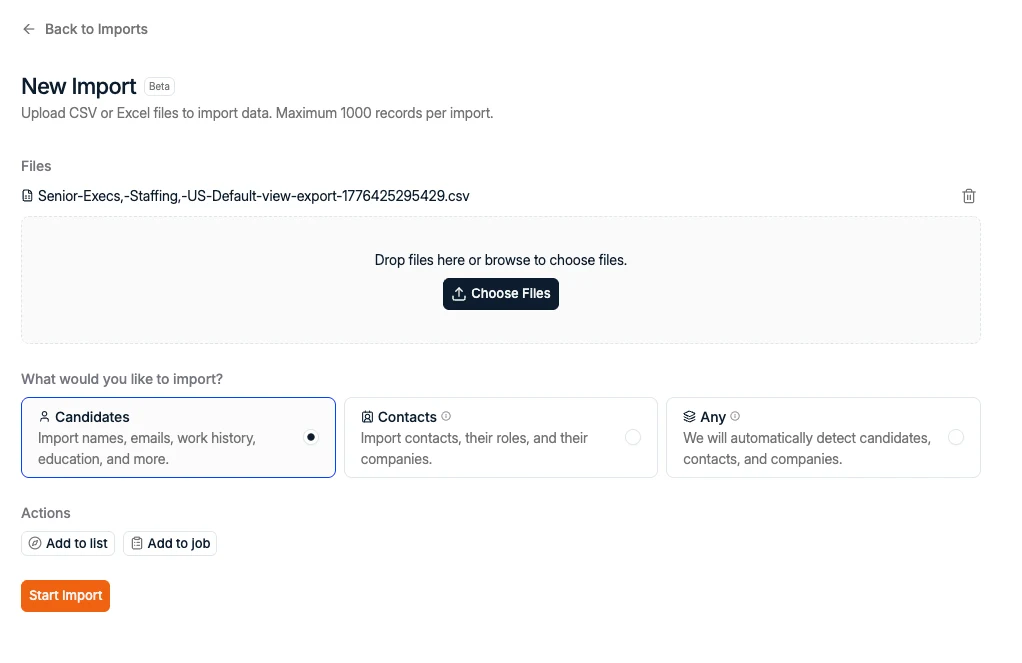 The import wizard upload step, with the Candidates, Contacts, and Any options