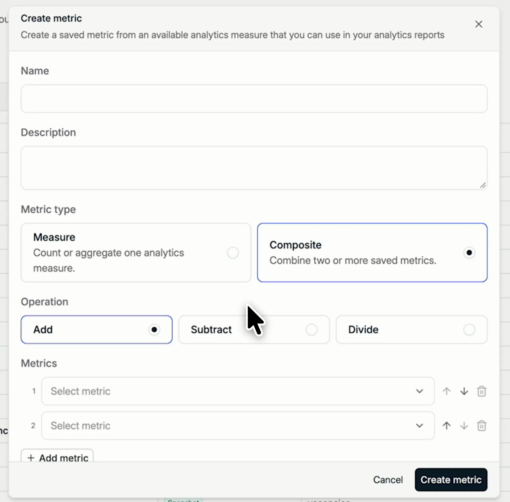 Creating a Composite metric with the Add, Subtract or Divide operation