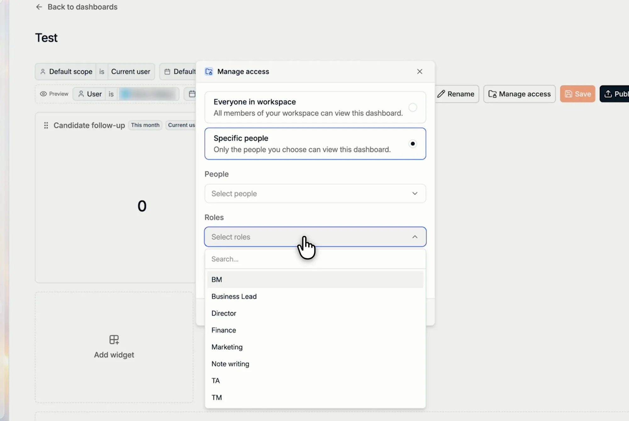 Managing access to a dashboard