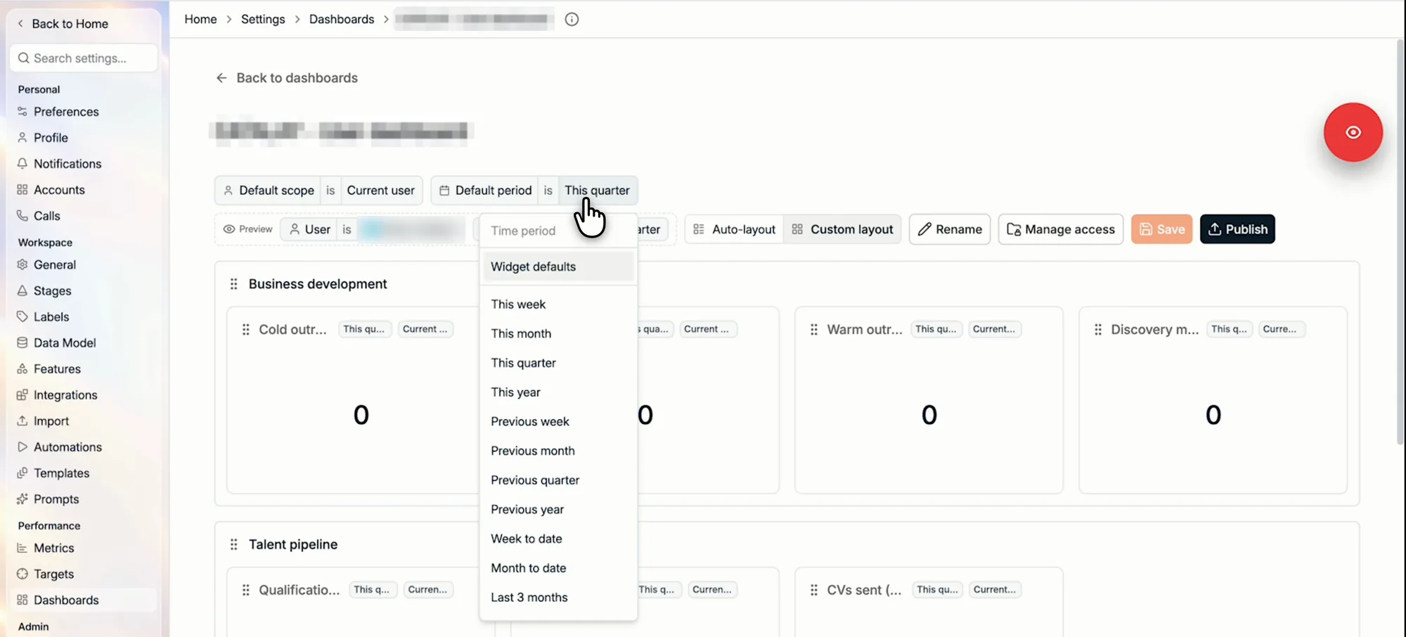 Setting the dashboard's default period