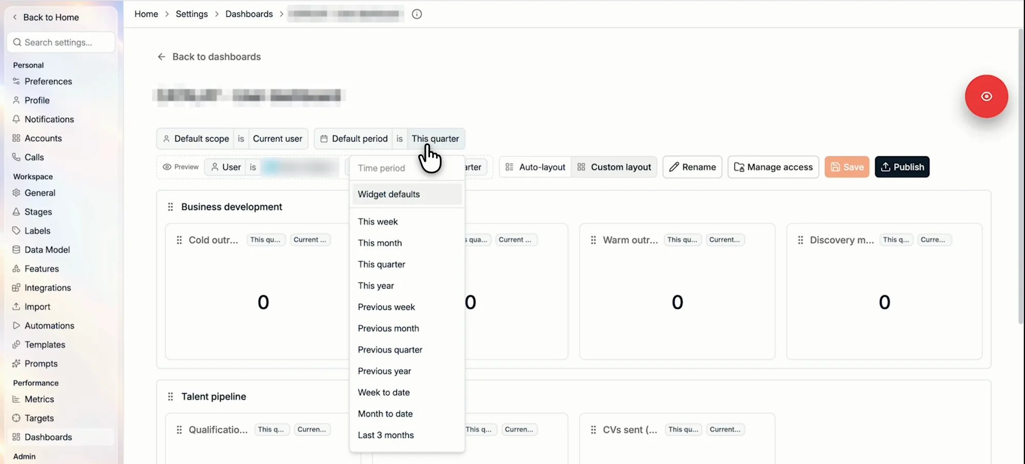 Setting the dashboard's default period