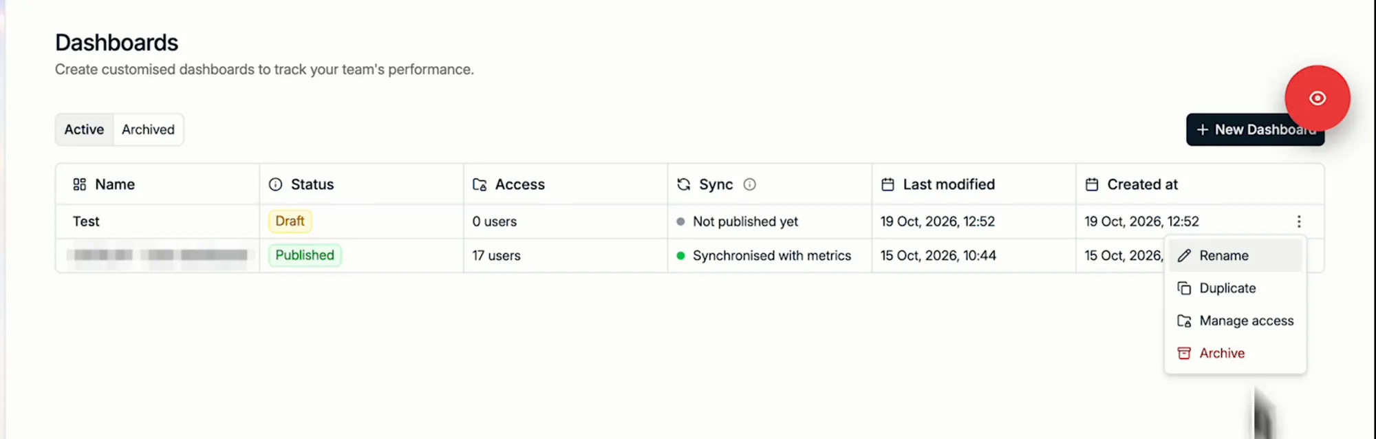 Dashboard actions: Rename, Duplicate, Manage access and Archive