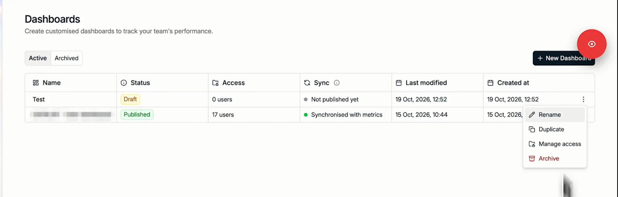 Dashboard actions: Rename, Duplicate, Manage access and Archive