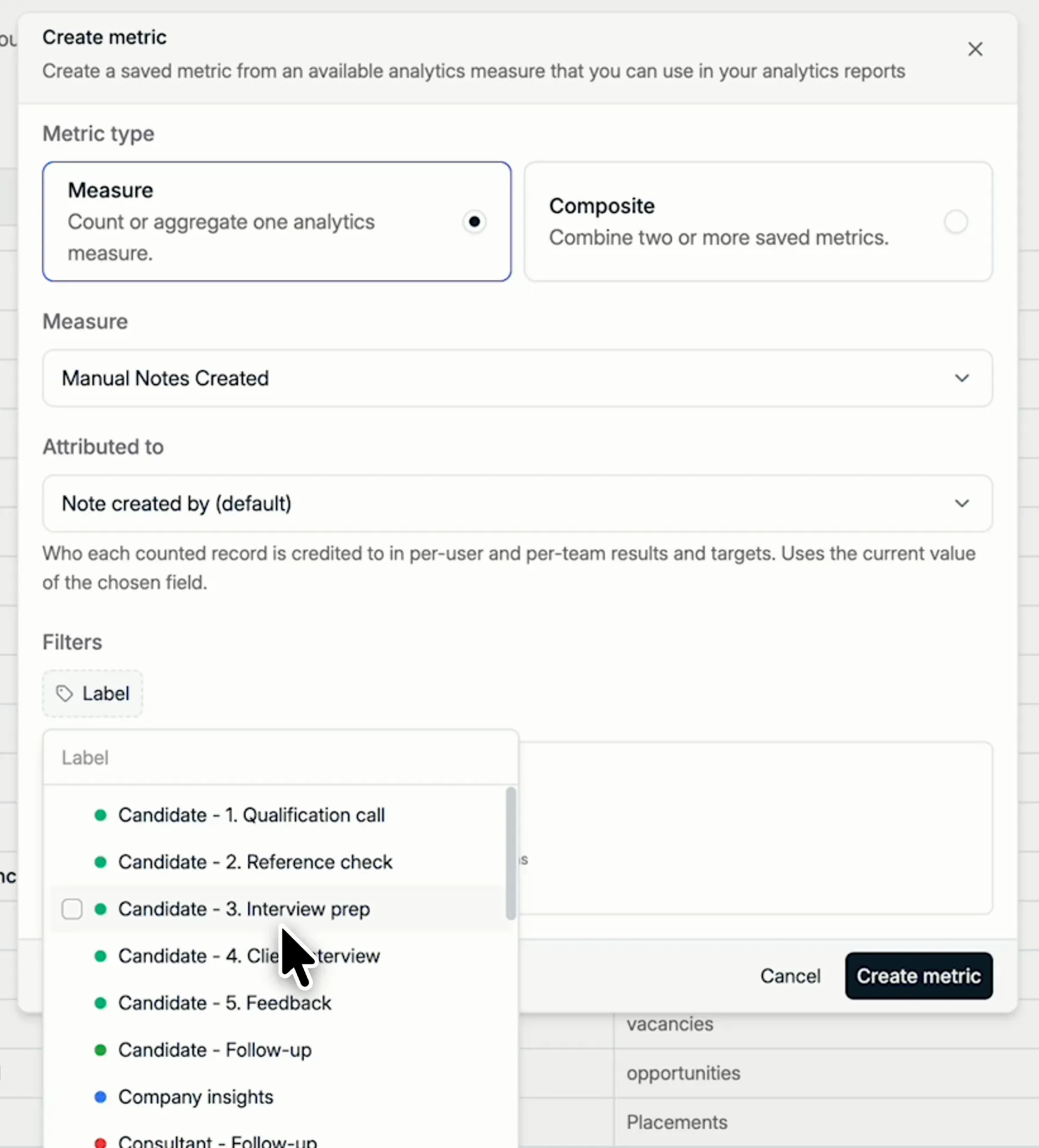 Filtering a notes metric on a label