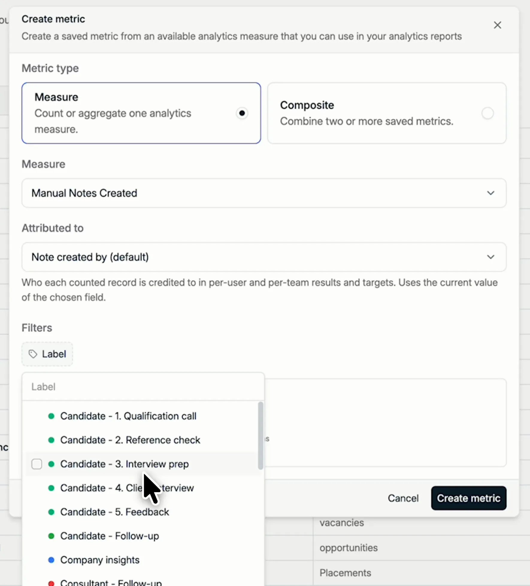 Filtering a notes metric on a label