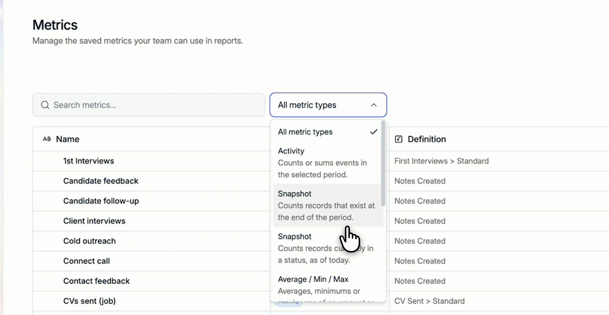 Filtering the metrics list by type