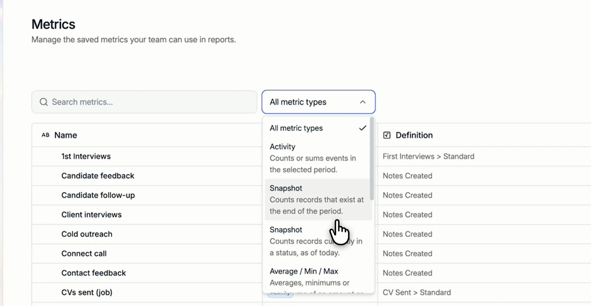 Filtering the metrics list by type