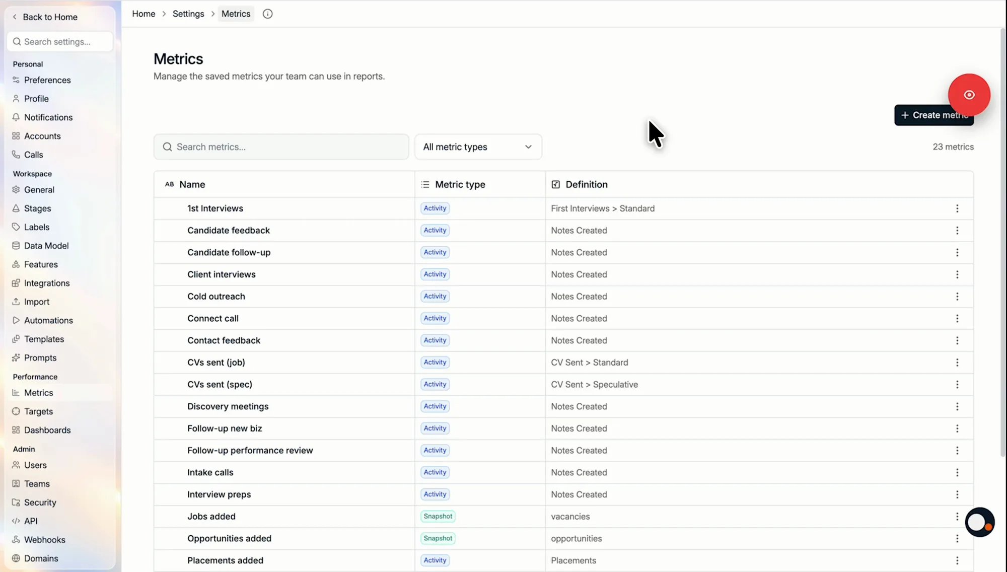 The Metrics tab under Settings, Performance