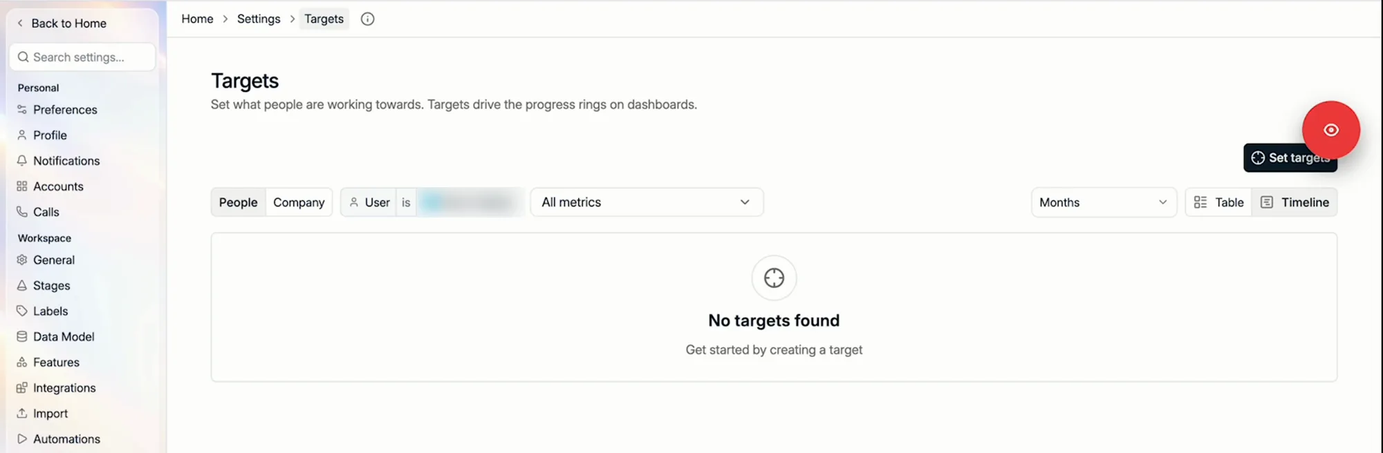 Targets in the Timeline view