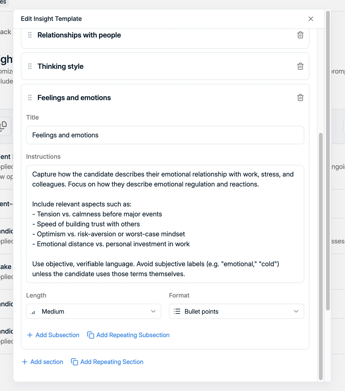 Une section de modèle d'insight avec ses instructions, sa longueur et son format