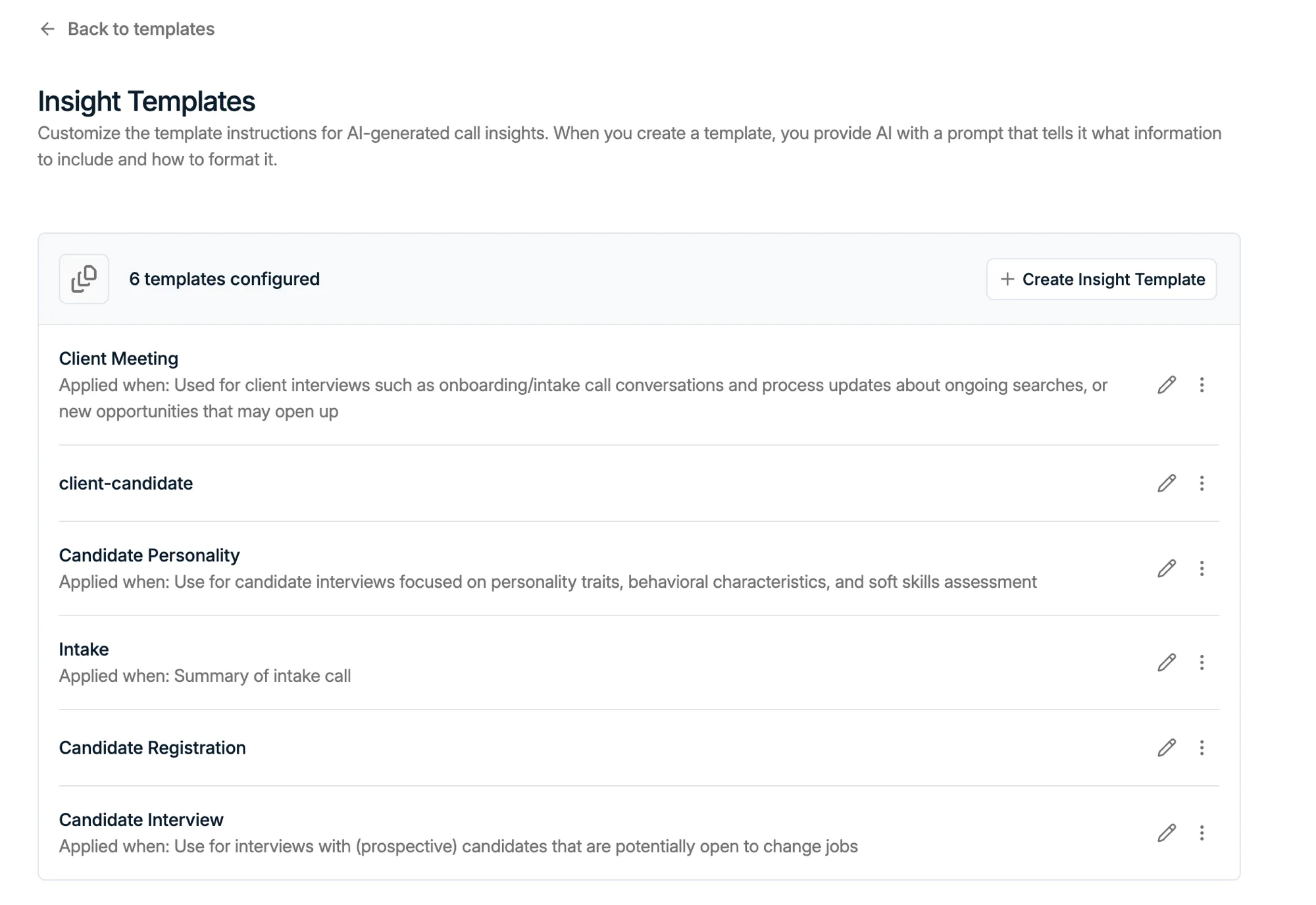 La liste Insight Templates avec les modèles configurés pour un espace de travail