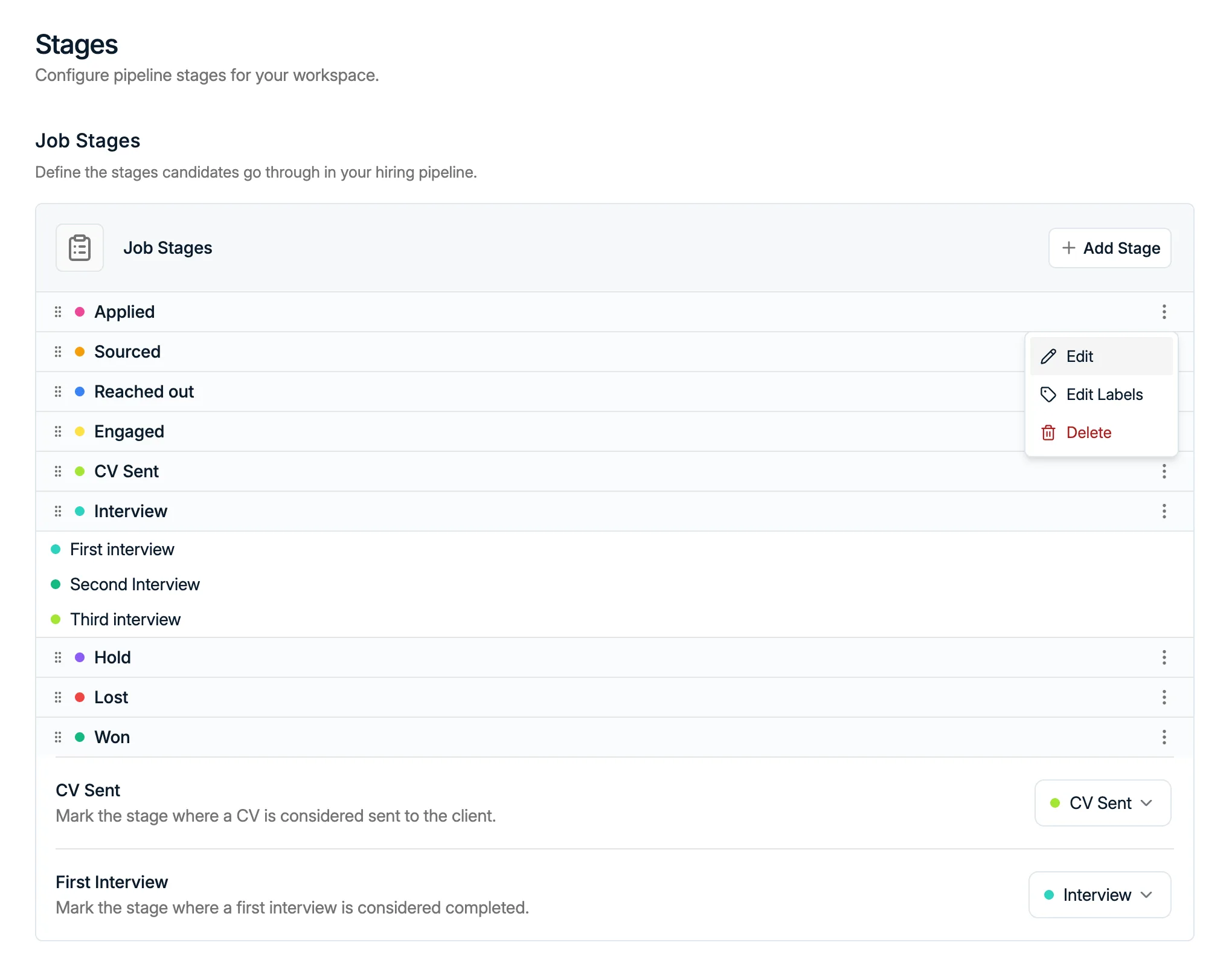 La liste Job Stages avec son menu de ligne et ses labels