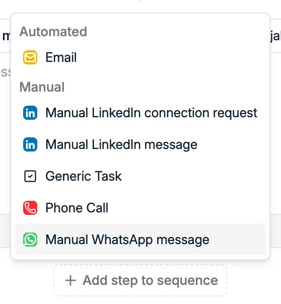 Le menu Add step to sequence avec les étapes automatiques et manuelles