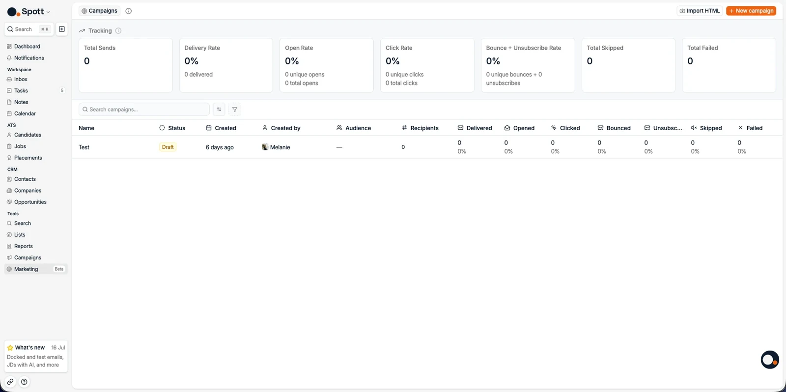 La page Marketing avec les statistiques des campagnes