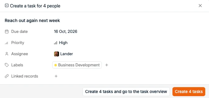 Het venster Create a task for 4 people met vervaldatum, prioriteit, verantwoordelijke en labels