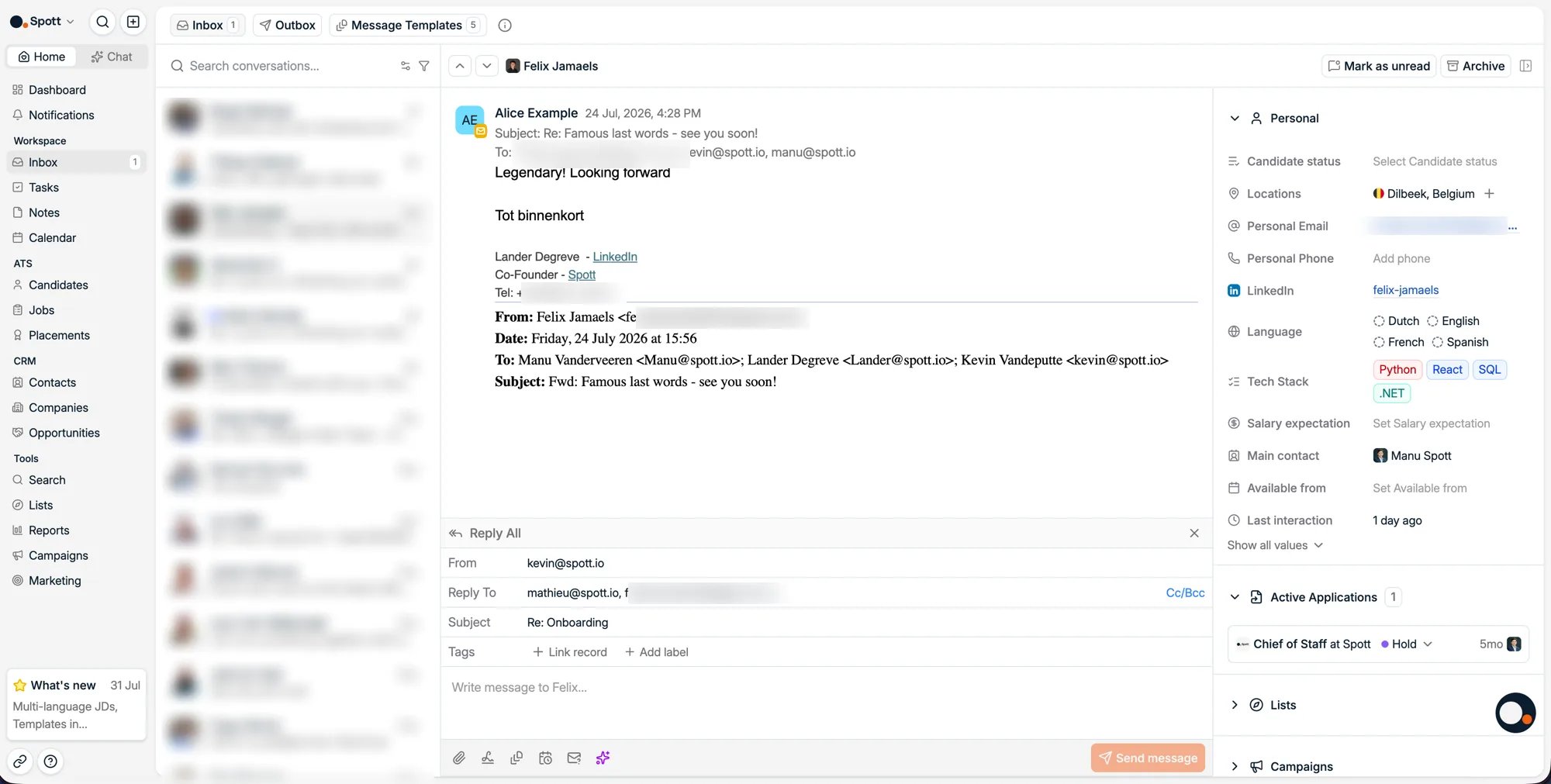 The unified inbox with the Inbox, Outbox, and Message templates tabs