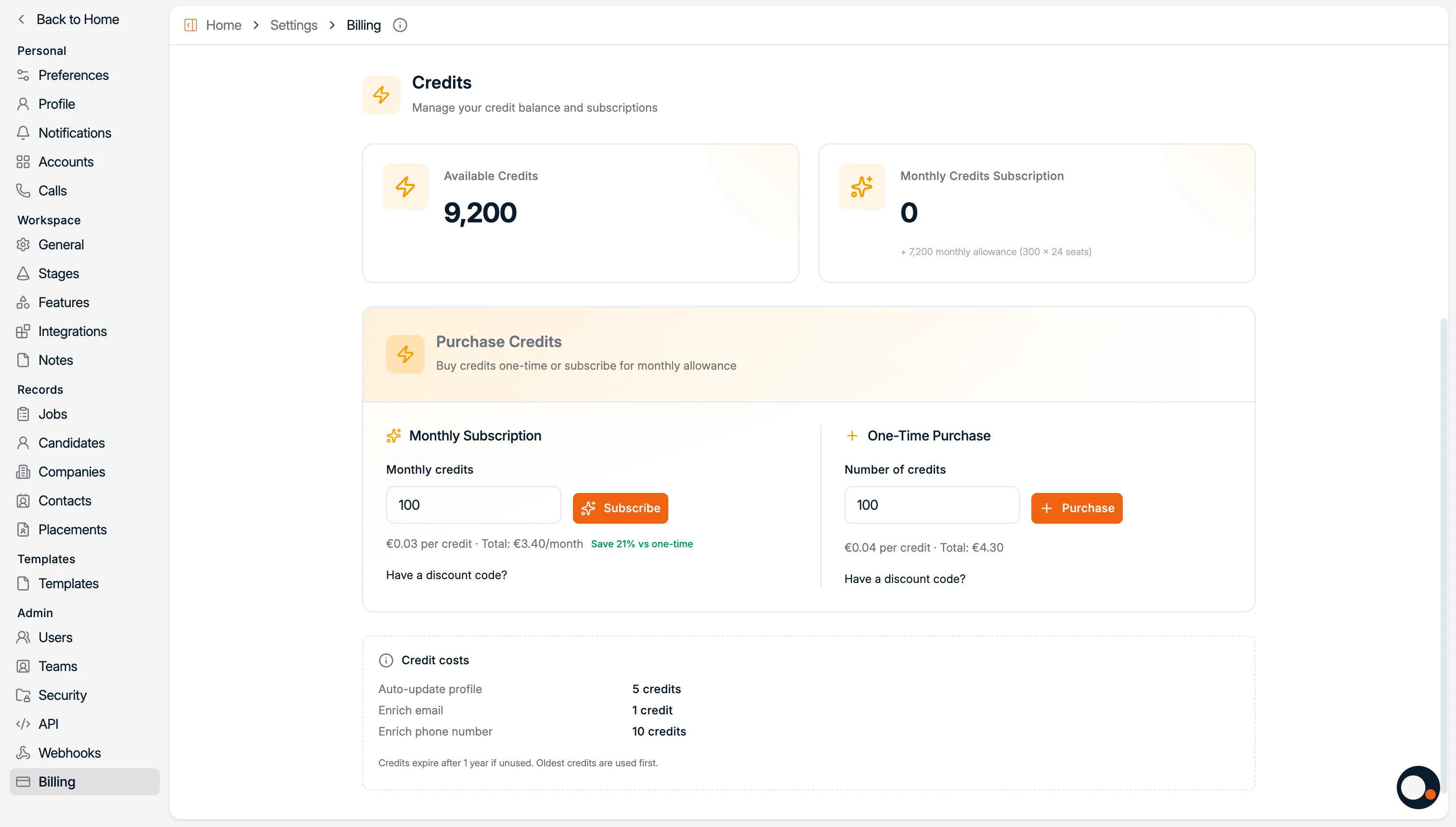 The Credits section with the available balance, purchase options, and credit costs