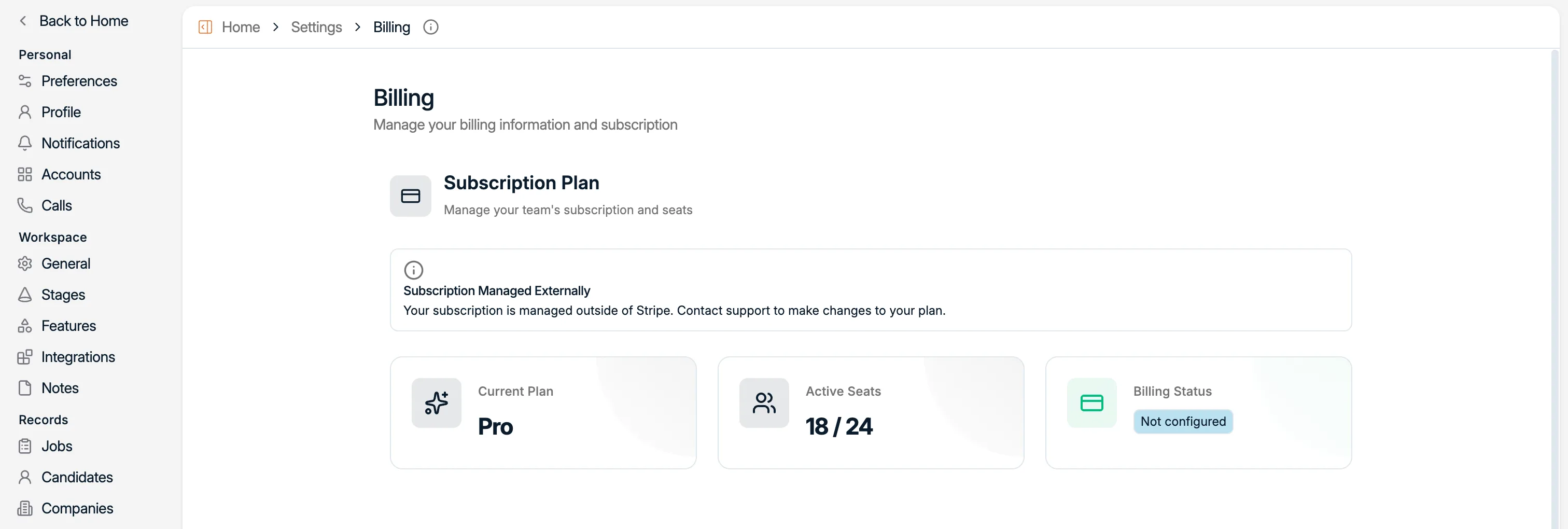The Billing page showing the current plan, active seats, and billing status