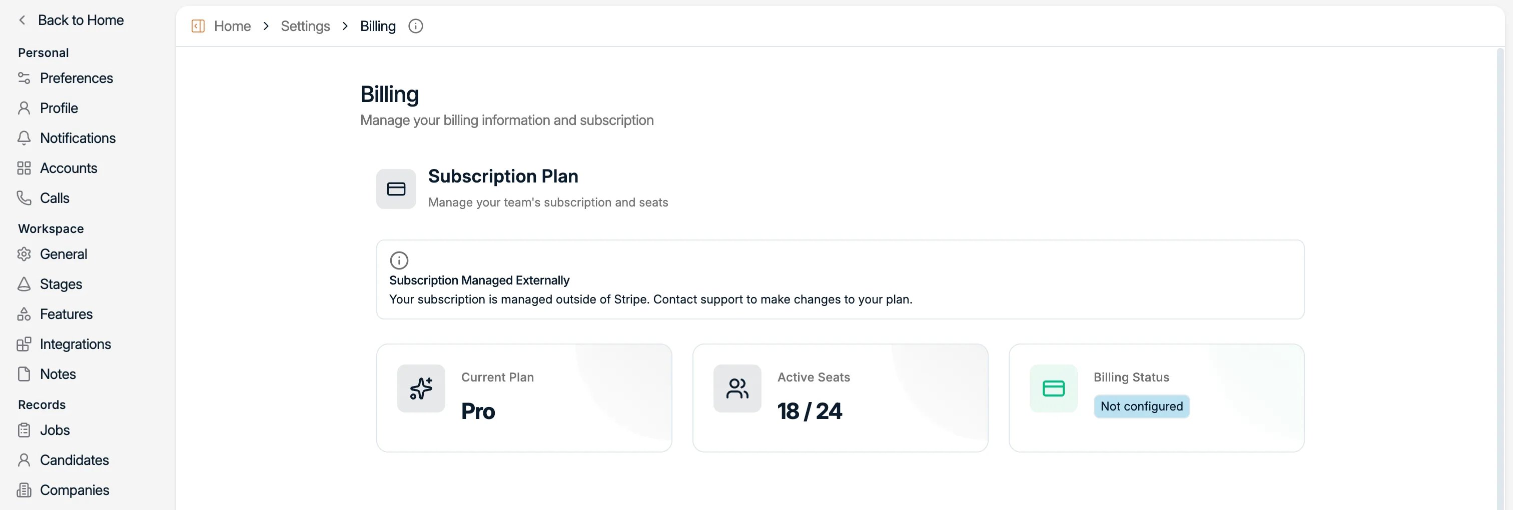The Billing page showing the current plan, active seats, and billing status