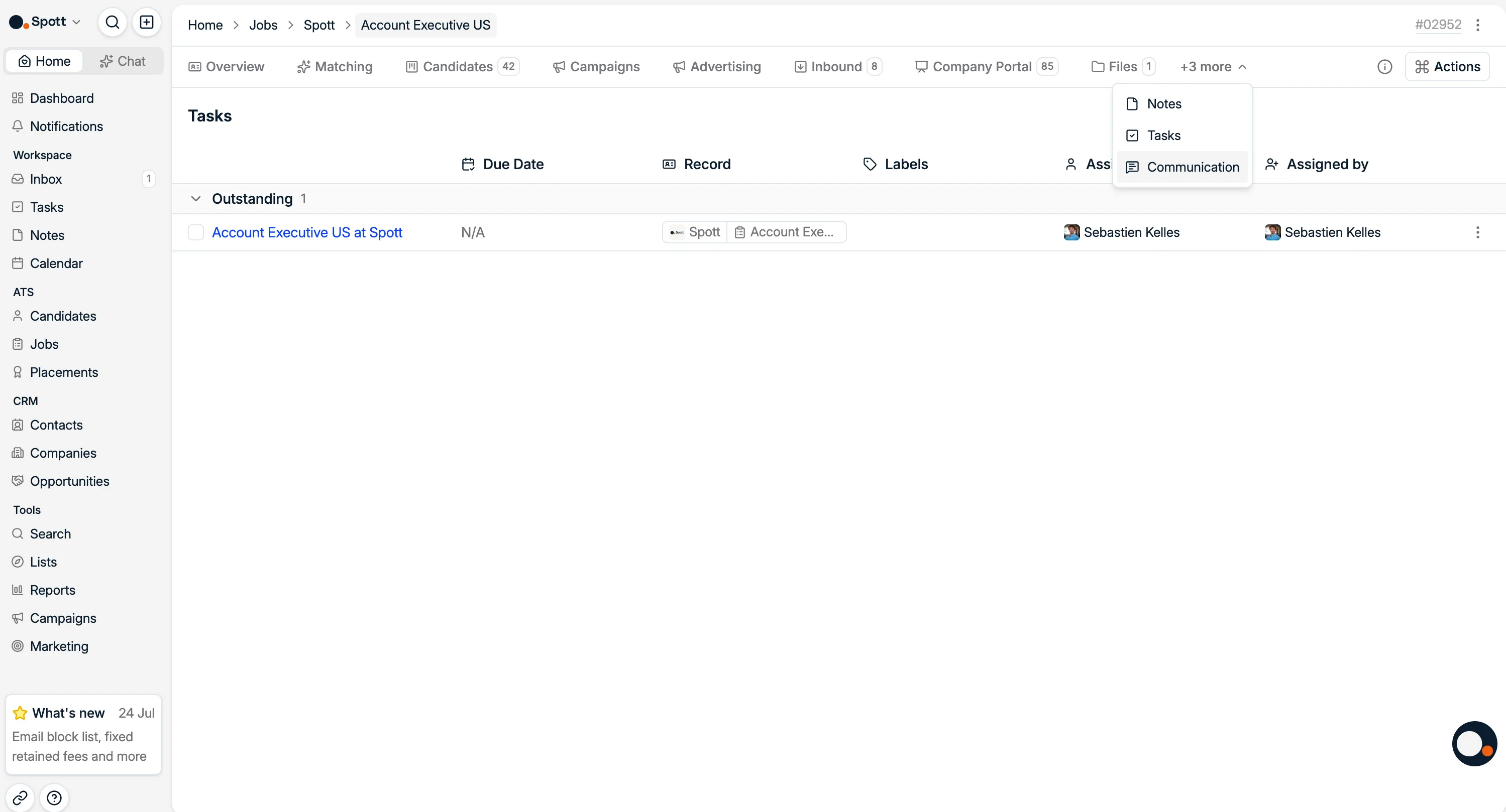 The files, notes, and tasks tabs on a job