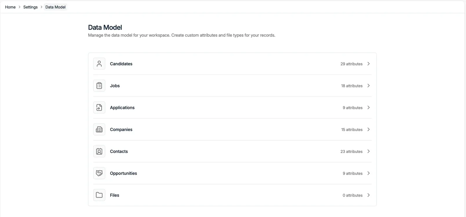 The Data model settings listing each record type and its attribute count