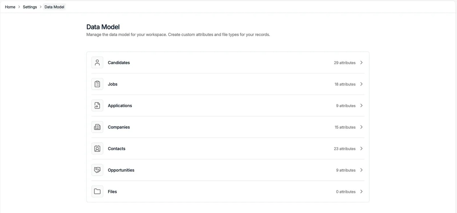The Data model settings listing each record type and its attribute count